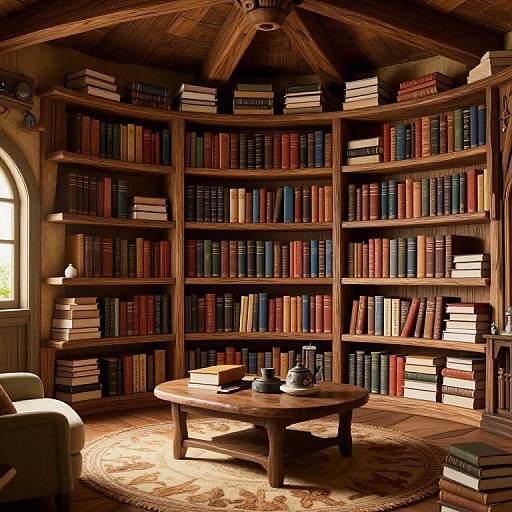 Cozy wooden library with curved bookshelves, warm sunlight, round rug, wooden coffee table, lamp, and armchair. Photograph.