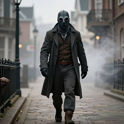 Photograph of a mysterious figure in a gas mask, brown Victorian-style outfit, and long coat walking down a foggy, cobblestone street.