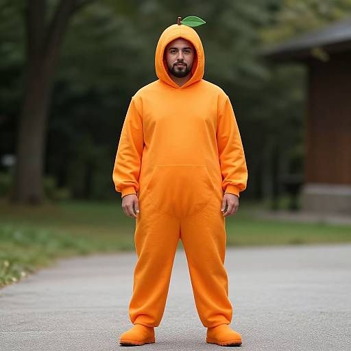 Photograph of a bearded man in an orange carrot costume with a green leaf on top, standing on a park path.
