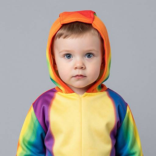 Photograph of a fair-skinned, blue-eyed toddler wearing a vibrant rainbow-colored hooded onesie with an orange hood, against a light blue background