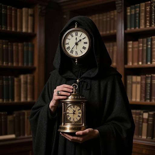 Photograph of a person in a black hooded robe holding two vintage clock faces, standing in a dimly lit library with wooden bookshelves.