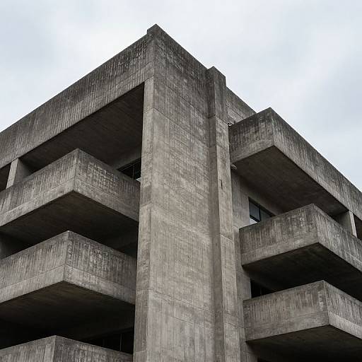Photograph of a raw, concrete, multi-story building with geometric, angular balconies and textured, gray concrete walls against a cloudy sky.
