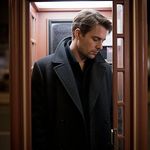Photograph of a young man with short brown hair, wearing a dark blue wool coat, standing in a doorway, looking down, with a chalkboard