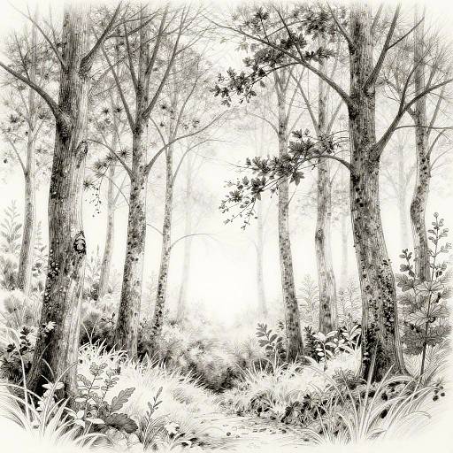 Black-and-white digital drawing of a dense forest with tall, leafless trees and detailed underbrush, showcasing intricate textures and shadows.