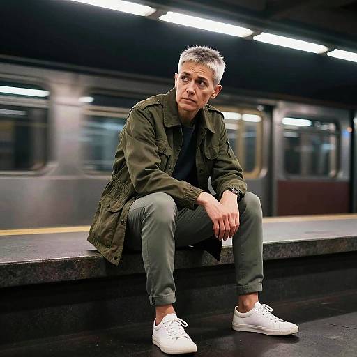 Thoughtful Non-Binary Rider on Metro Platform
