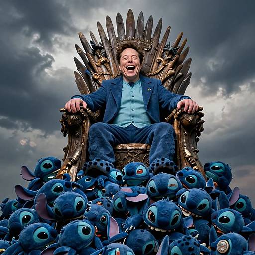 Photograph of a man in a blue suit, laughing on a throne-like chair, surrounded by many blue, alien-like plush toys. Stormy sky