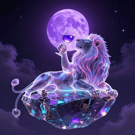 Cyberpunk Lion on Floating Glass Boulder
