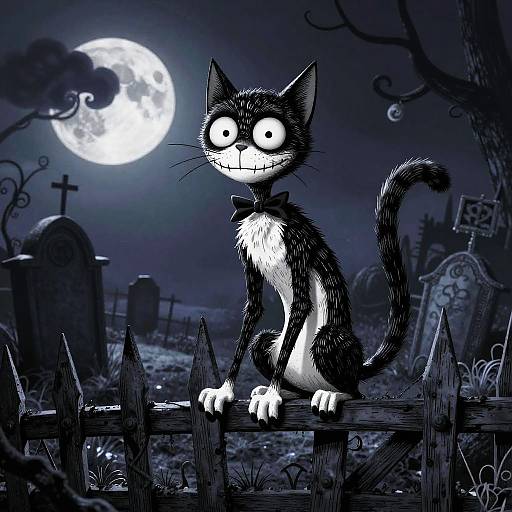 A spooky, black-and-white cartoon cat with wide eyes and a bowtie sits on a wooden fence in a creepy graveyard under a full moon. Digital