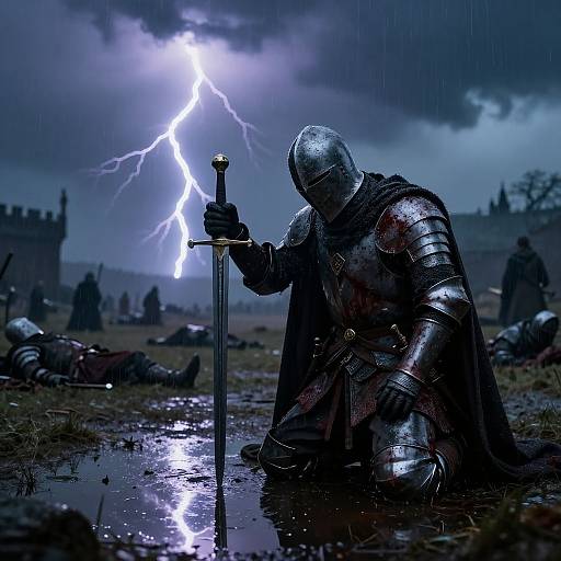 Knight in blood-stained armor kneels in rain, holding sword as lightning illuminates battlefield. Bodies lie in muddy foreground; castle in dark, storm