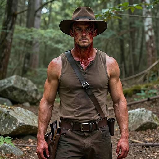 Serious Muscular Man in Forest Setting