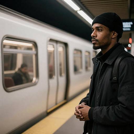 Nighttime Subway Scene with Young Man