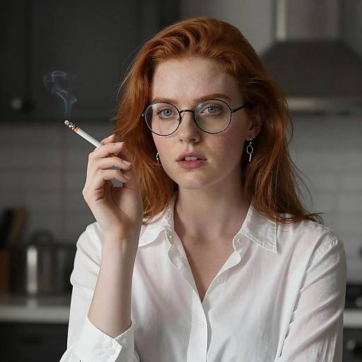 Intense Woman with Red Hair and Glasses