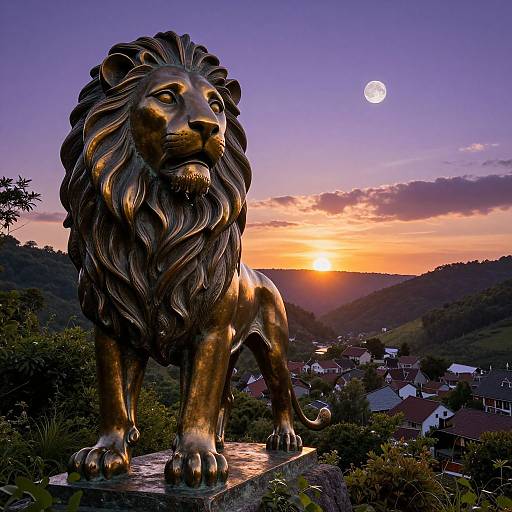 Living Bronze Lion Statue at Sunset