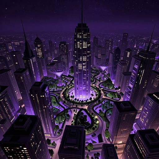 Digital CGI cityscape at night, featuring towering skyscrapers with glowing purple and blue lights, winding roads, and illuminated green parks.