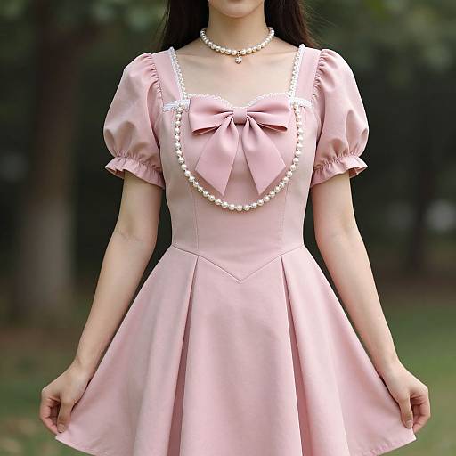 Photograph of an Asian woman wearing a pink, short-sleeved, vintage-style dress with a bow and pearl necklace, standing outdoors in a blurred