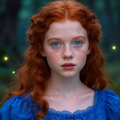 Photorealistic digital portrait of a young fair-skinned, red-haired woman with blue eyes, freckles, and wavy hair, wearing a