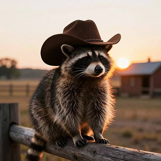Raccoon Cowboy at Sunset Fence