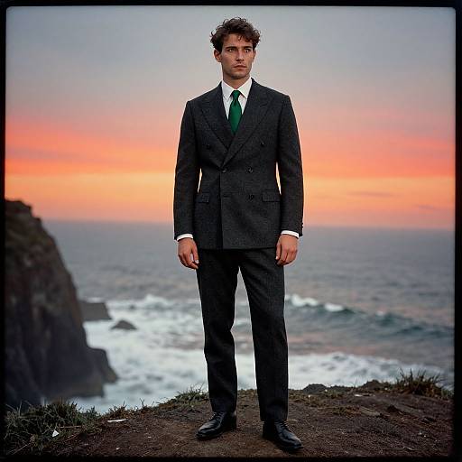 Photograph of a handsome man with curly brown hair, wearing a dark gray suit, white shirt, and green tie, standing on a cliff overlooking a