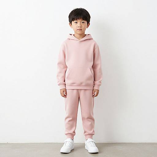 Asian Boy in Pink Hoodie and Sneakers