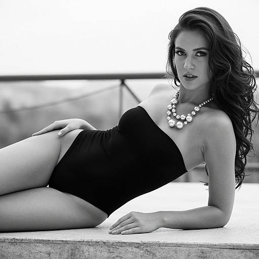 Black-and-white photograph of a sultry, long-haired woman in a strapless black one-piece, wearing a pearl necklace, reclining on a concrete