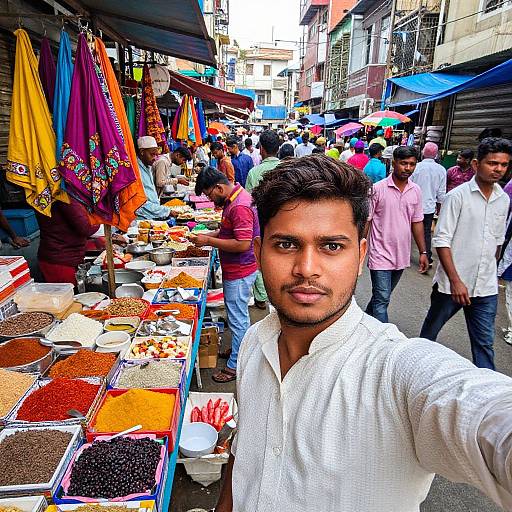 Photograph of a young Indian man with short black hair and light brown skin, wearing a white shirt, taking a selfie at a bustling outdoor market with