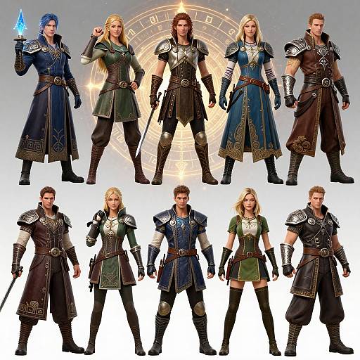 Digital artwork of six male and six female fantasy warriors in detailed armor and varied blue, green, and brown outfits, standing in two rows against a glowing