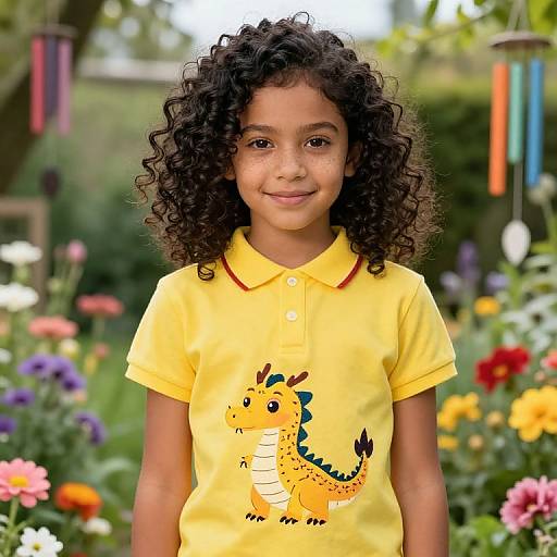 Photograph of a young girl with curly black hair, wearing a yellow polo shirt with a dragon graphic, standing in a vibrant, colorful garden.