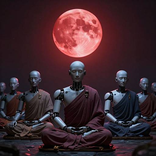 Photograph of six robotic monks with metallic heads and joints, dressed in maroon and brown robes, sitting in meditation under a glowing red full moon.