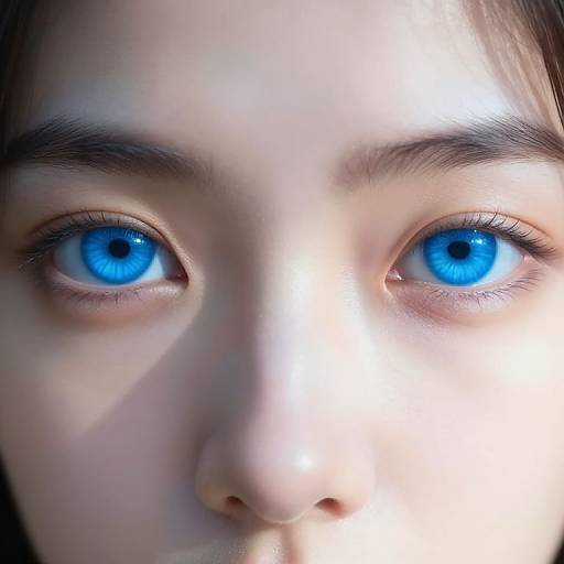 Close-up photograph of a young child's face with striking blue eyes, fair skin, and dark eyebrows, illuminated by bright sunlight.