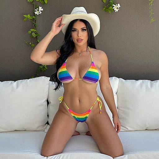 Curvy Woman in Rainbow Bikini Outdoors