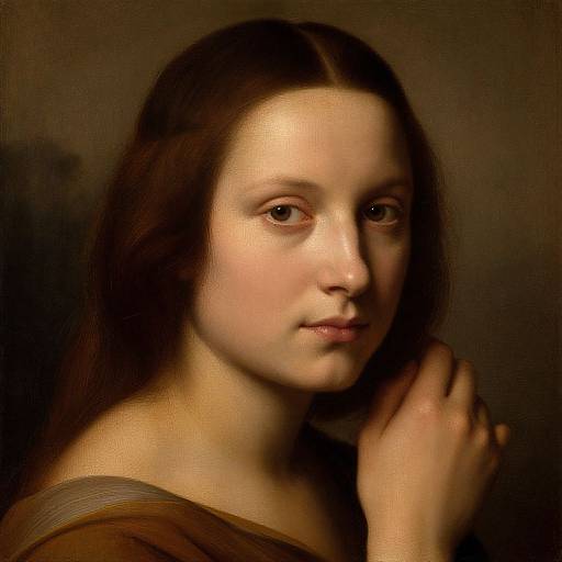 Photorealistic digital painting of a young woman with fair skin, brown hair, and soft brown eyes, gazing directly at the viewer, with a