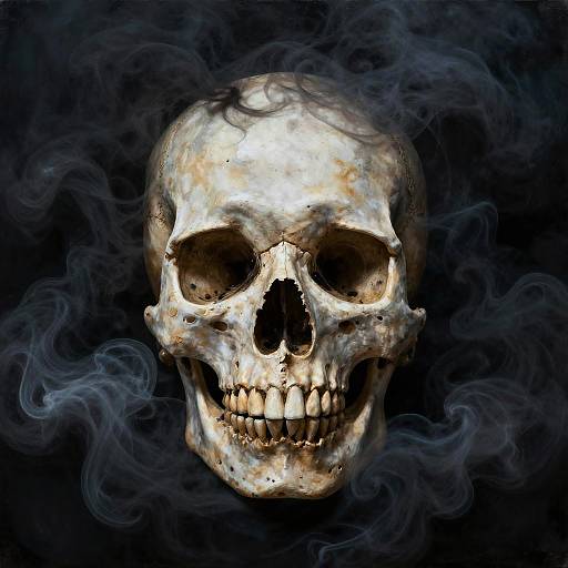 Digital artwork of a skeletal skull with eerie smoke swirling around it, set against a dark, shadowy background.