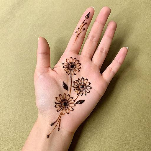 Photograph of a pale hand with brown floral henna design on the palm and fingers, set against a green textured background.