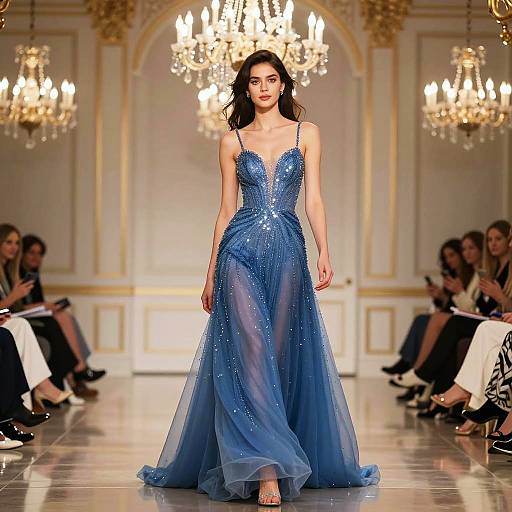 Elegant Woman in Sparkling Blue Gown on Runway