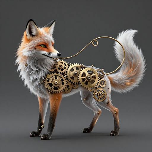 Digital artwork of a fox with orange and white fur, covered in gold gears, standing on a dark gradient background. A golden chain connects gears on its