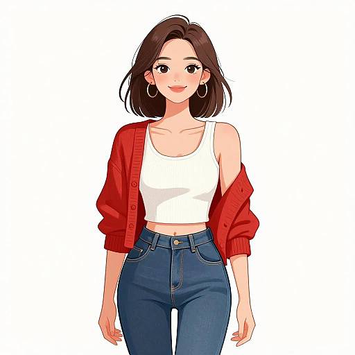 Digital anime-style drawing of a smiling young woman with shoulder-length brown hair, wearing a white tank top, red cardigan, and blue jeans.