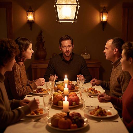 Photograph of a dimly lit dinner table with five adults, candles, and a central bearded man, surrounded by warm, amber lighting.
