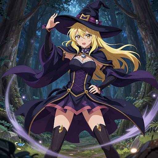Digital anime-style illustration of a blonde witch with yellow eyes, wearing a black hat, cape, and dress, casting a spell in a dark, enchanted
