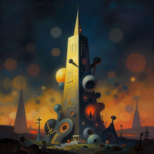 Surreal digital artwork of a glowing, abstract city tower with circular, orb-like structures, set against a fiery orange and blue sky.