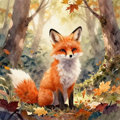 Watercolor Fox-Owl in Autumn Woods