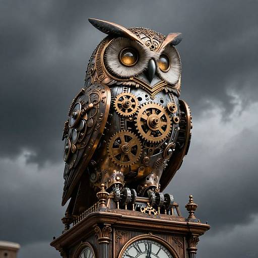Steampunk owl clock sculpture with intricate gears, golden-brown metallic feathers, large yellow eyes, standing on a clock tower against a stormy sky