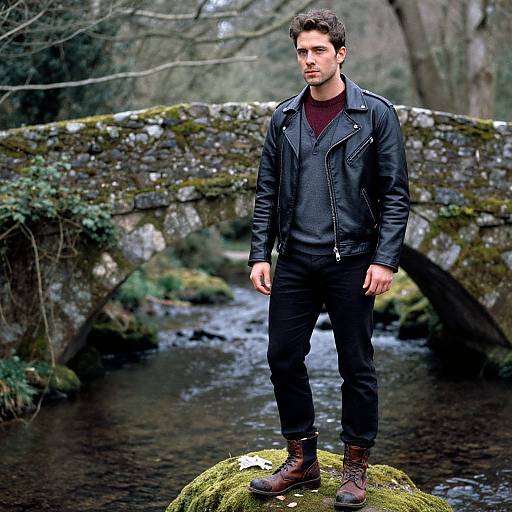 Photograph of a young man with short dark hair, wearing a black leather jacket, dark jeans, and brown boots, standing on a moss-covered rock