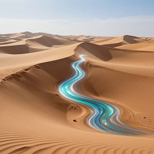 Photograph of a glowing blue river winding through undulating, sandy desert dunes under a clear, bright sky, creating a surreal contrast.
