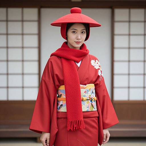 Photograph of a young Asian woman in a vibrant red kimono with matching hat and scarf, set against a traditional Japanese shoji screen background.