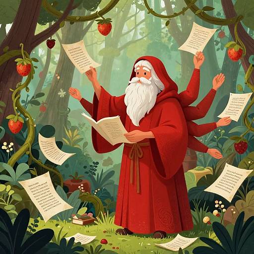 Illustration of a Santa-like figure with six arms, wearing a red hooded robe, standing in a lush forest holding and reading papers surrounded by floating