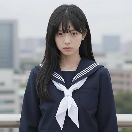 Serious Japanese Schoolgirl in Cityscape