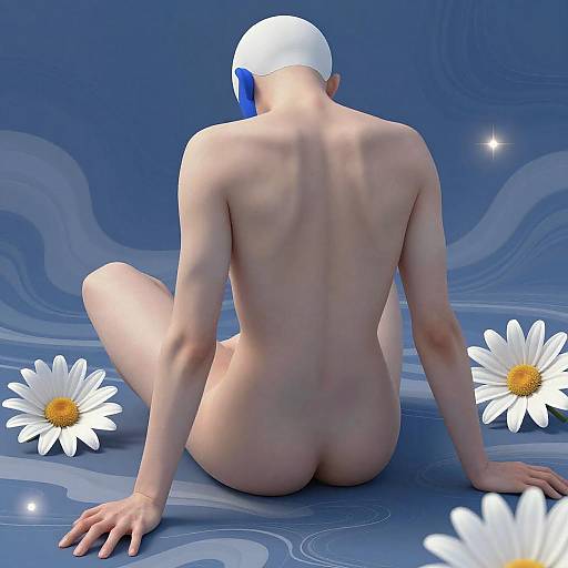 Nude Figure with White and Blue Headpiece Among Daisies