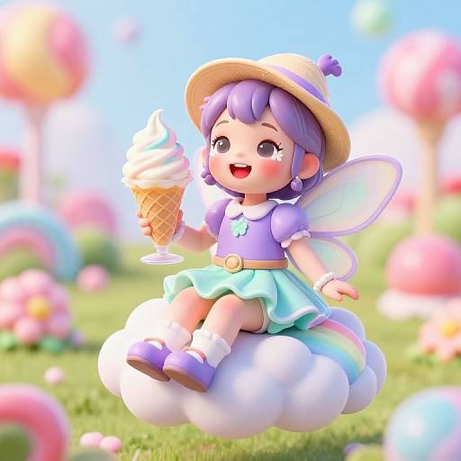 Cute anime-style fairy girl with purple hair, wearing a purple dress and straw hat, sitting on a cloud, holding an ice cream cone, in