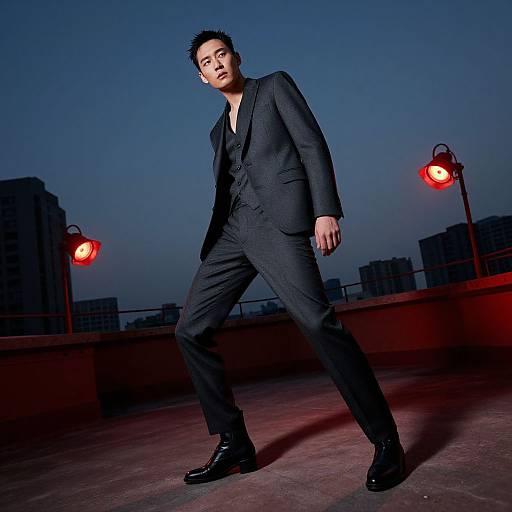 Photograph of an Asian man in a black suit, black shirt, and boots walking on a rooftop at dusk, illuminated by red streetlights against a