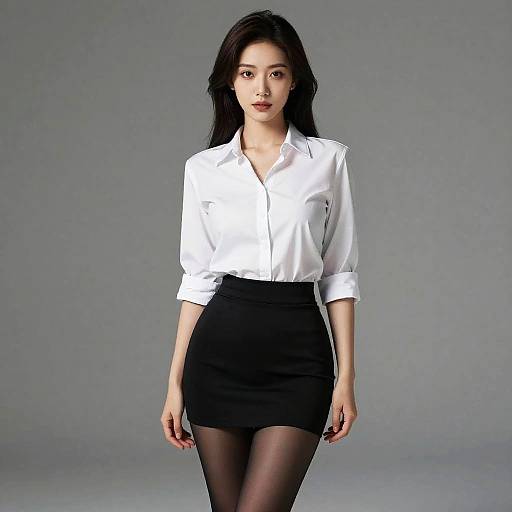 Elegant Woman in White Shirt and Black Miniskirt